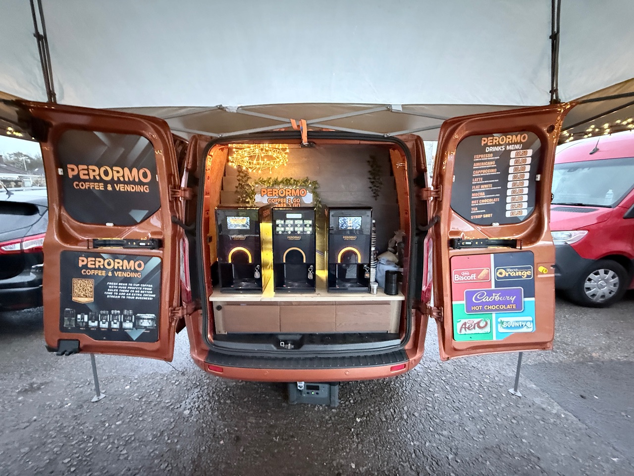 Perormo coffee van open with bean-to-cup machines
